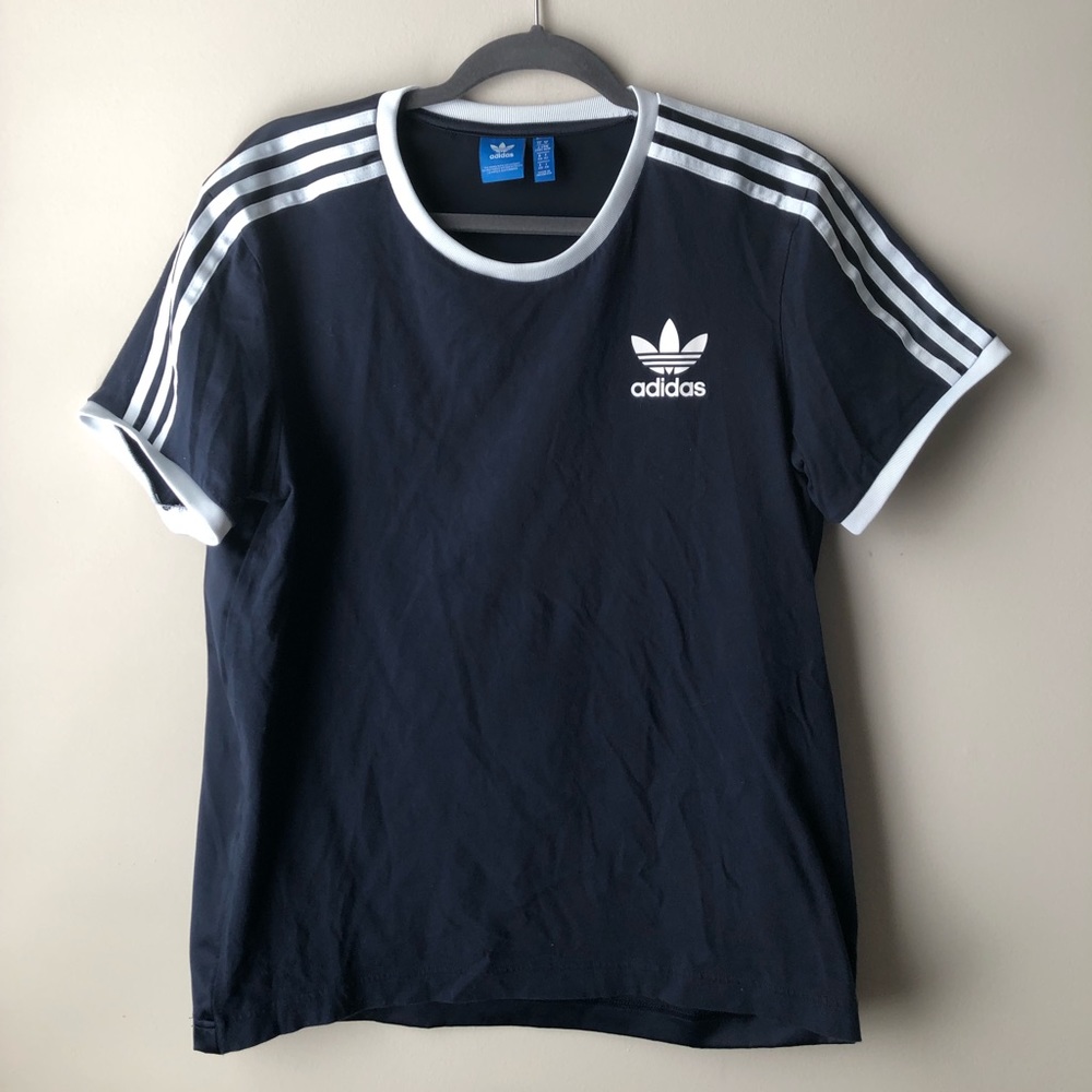 ADIDAS 3 STRIPE NAVY TEE WITH SATIN BACK